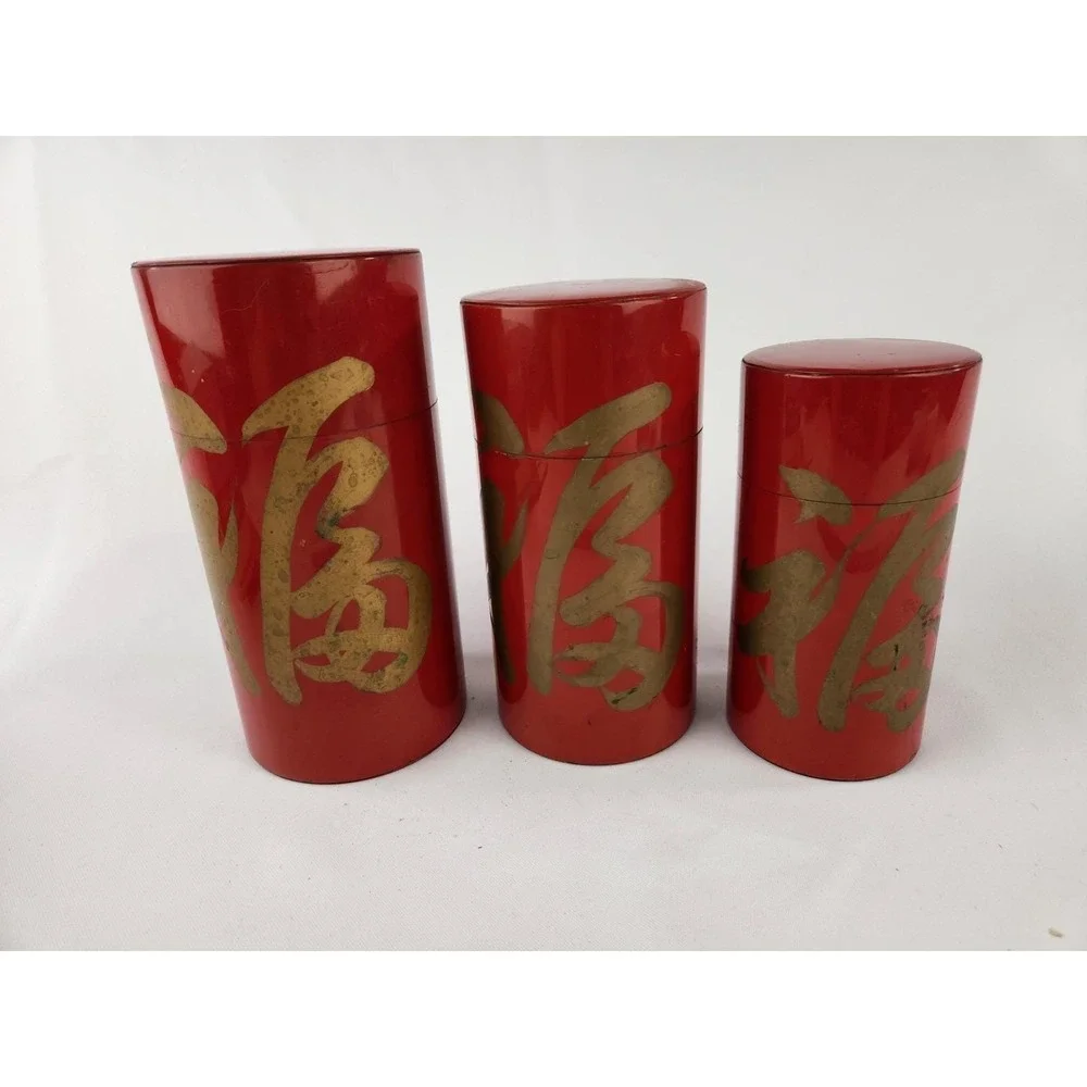 Vintage‎ Metal Nesting Canisters Set 3 Japanese Tole Tea Japan Red Hand Painted